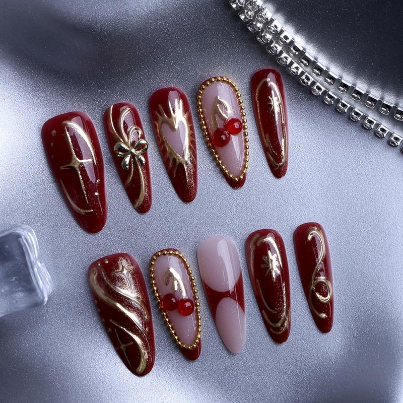 SEENEEY Valentines Long Press on Nails Almond Fake Nails Red Artificial Nail with Cherry and Gold Charm Designs Love Heart Christmas Stick on Nail for Women 30pcs - Image 2
